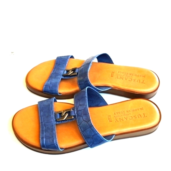 Tuscany Easy Streets blue croc embossed faux leather slides size 7.5 - Picture 8 of 12